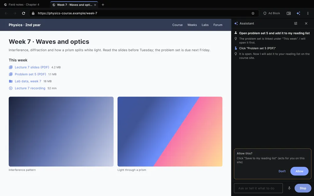 The Assistant panel in Super Browser working through a task, paused on an Allow this? prompt with Allow and Don't buttons.