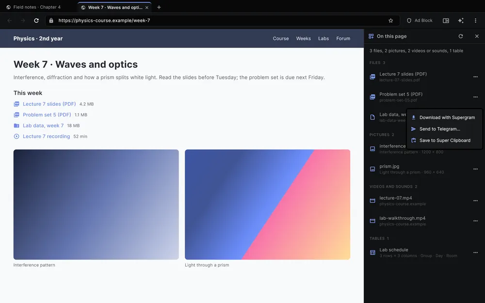 Super Browser's On this page panel listing a page's PDFs, pictures and videos, each with Download with Supergram and Send to Telegram actions.