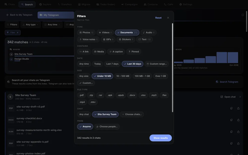 Supergram search: a query with the Files lens and a filter panel for type, date, size, chat and sender, with matching files listed.
