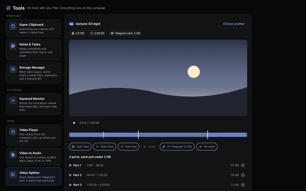 Supergram's Video Splitter: a two-hour, 5 GB lecture video cut into three parts, each just under Telegram's 2 GB limit, with the tools list beside it.