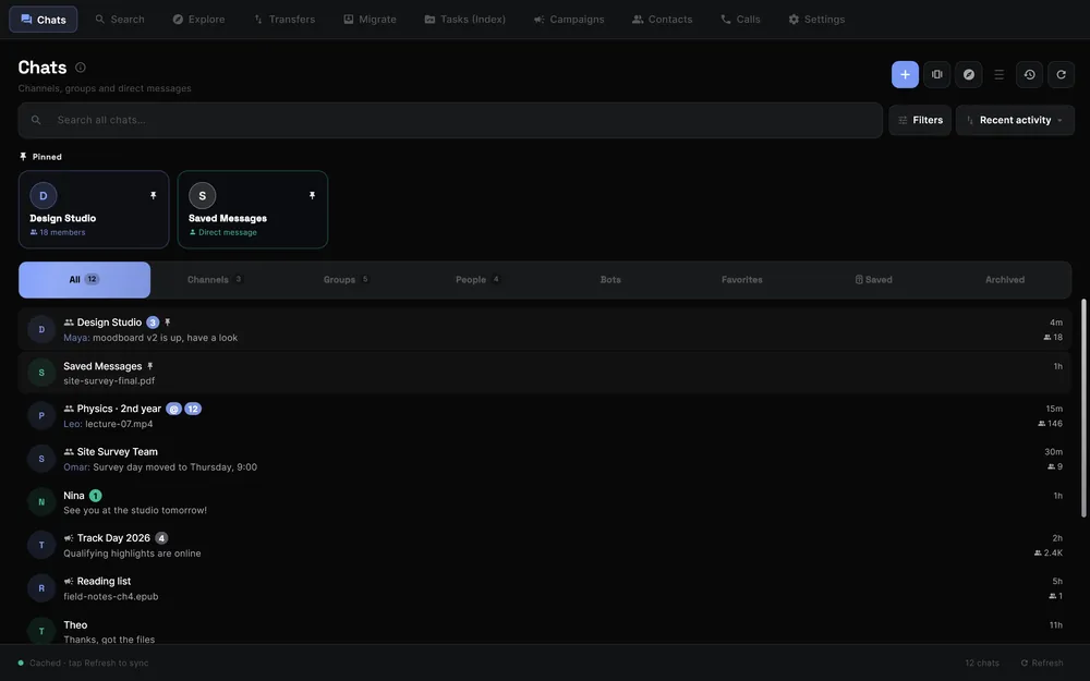 Supergram's Telegram workspace: the tab bar (Chats, Search, Explore, Transfers, Migrate, Tasks and more), pinned chats, and a list of groups, channels and people.